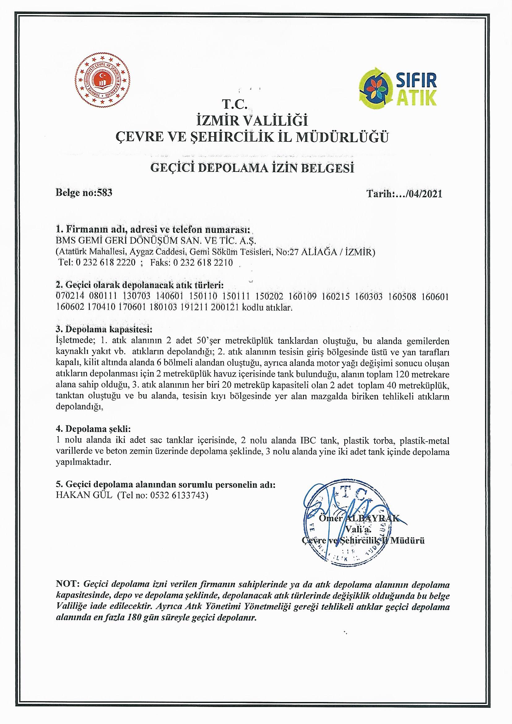 Temporary Waste Storage Permission